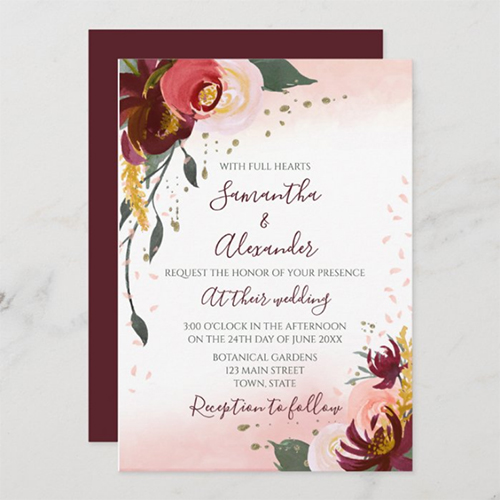 Burgundy Blush Watercolor Floral Wedding Invitation