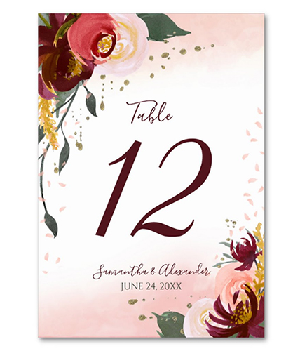 Burgundy Blush Watercolor Wedding Table Number
