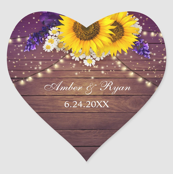 Purple Yellow Sunflower Wedding Heart Sticker