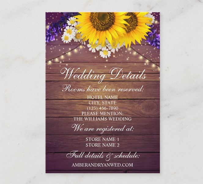 Purple Yellow Sunflower Wedding Details Card