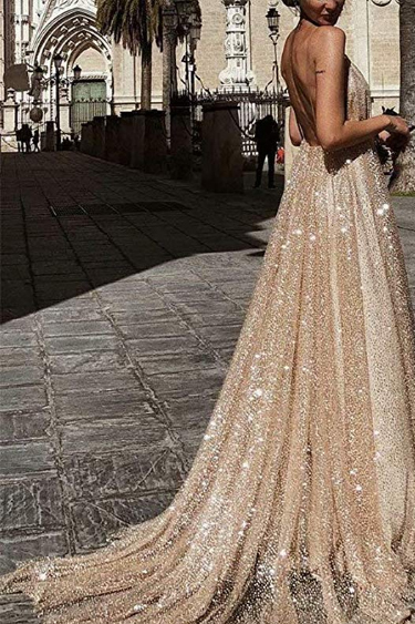 Sequin Evening Gowns - Ainidress Deep V Neck Long Backless Tulle Evening Gown