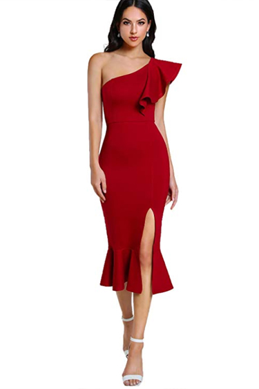 Valentine's Day Dresses - Women's Ruffle One Shoulder Split Midi Party Bodycon Dress