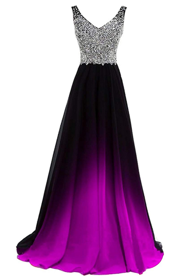 Sequin Evening Gowns - Lemai Beaded Gradient Ombre Chiffon Gown