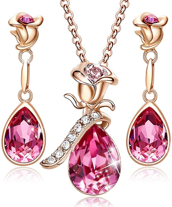 Pink Rose Gold Flower Jewely Set
