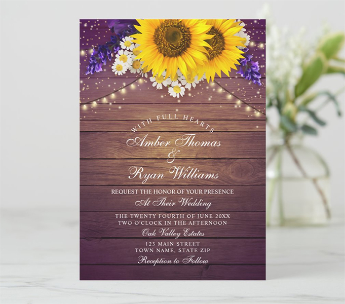 Purple Yellow Sunflower Wedding Invitation